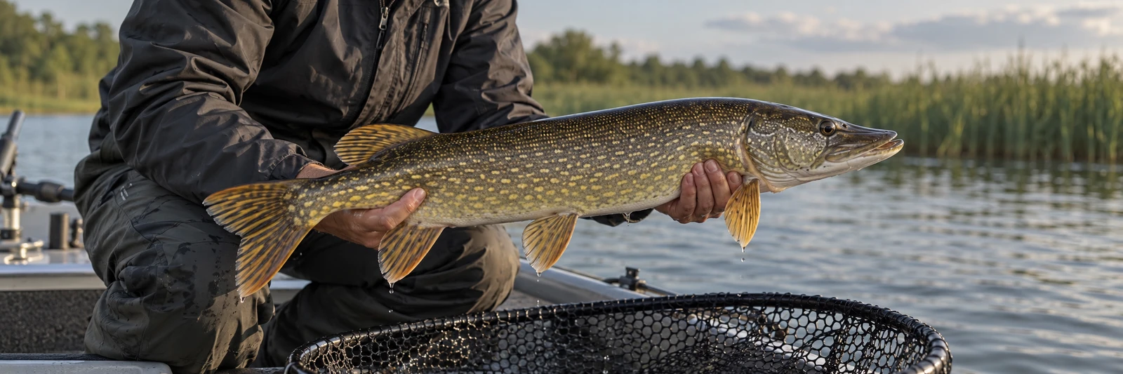 Angler hält einen Hecht über dem Kescher am Wasser; Aufnahme ohne Gesicht